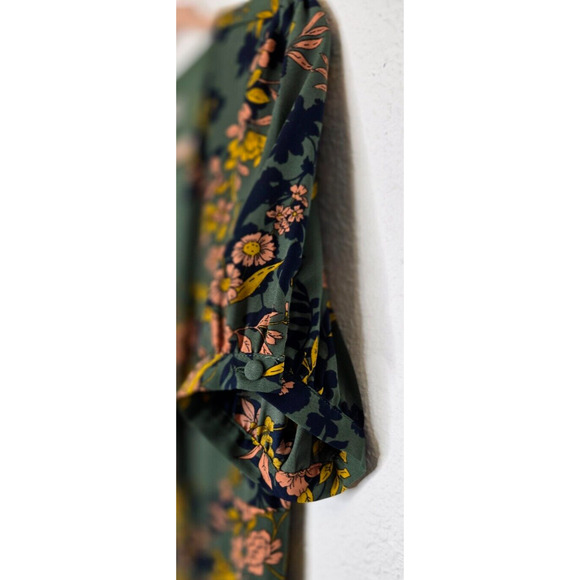 Nanette Lepore Womens Midi Wrap Dress 10 Green Floral Short Sleeve Tiered Boho - Picture 4 of 13